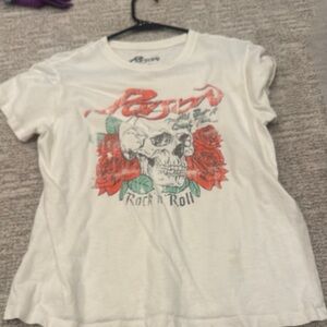 White 'Rock n Roll' Graphic Tee with Red Roses -